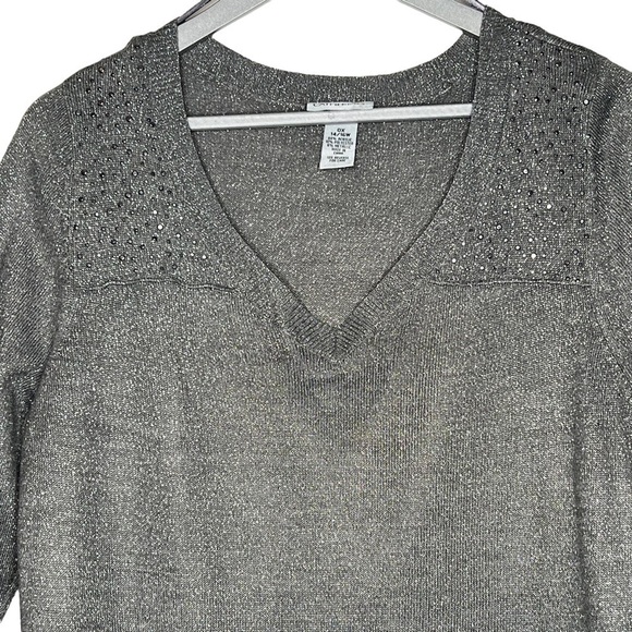 Catherines Silver Gray V Neck Studded Metallic Long Sleeve Sweater Size 0X 16W - Picture 5 of 14